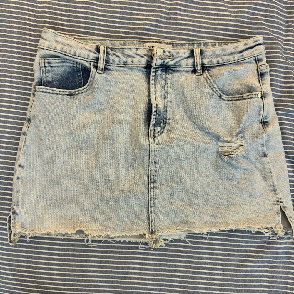 Distressed Denim Stretch Mini Jean Skirt